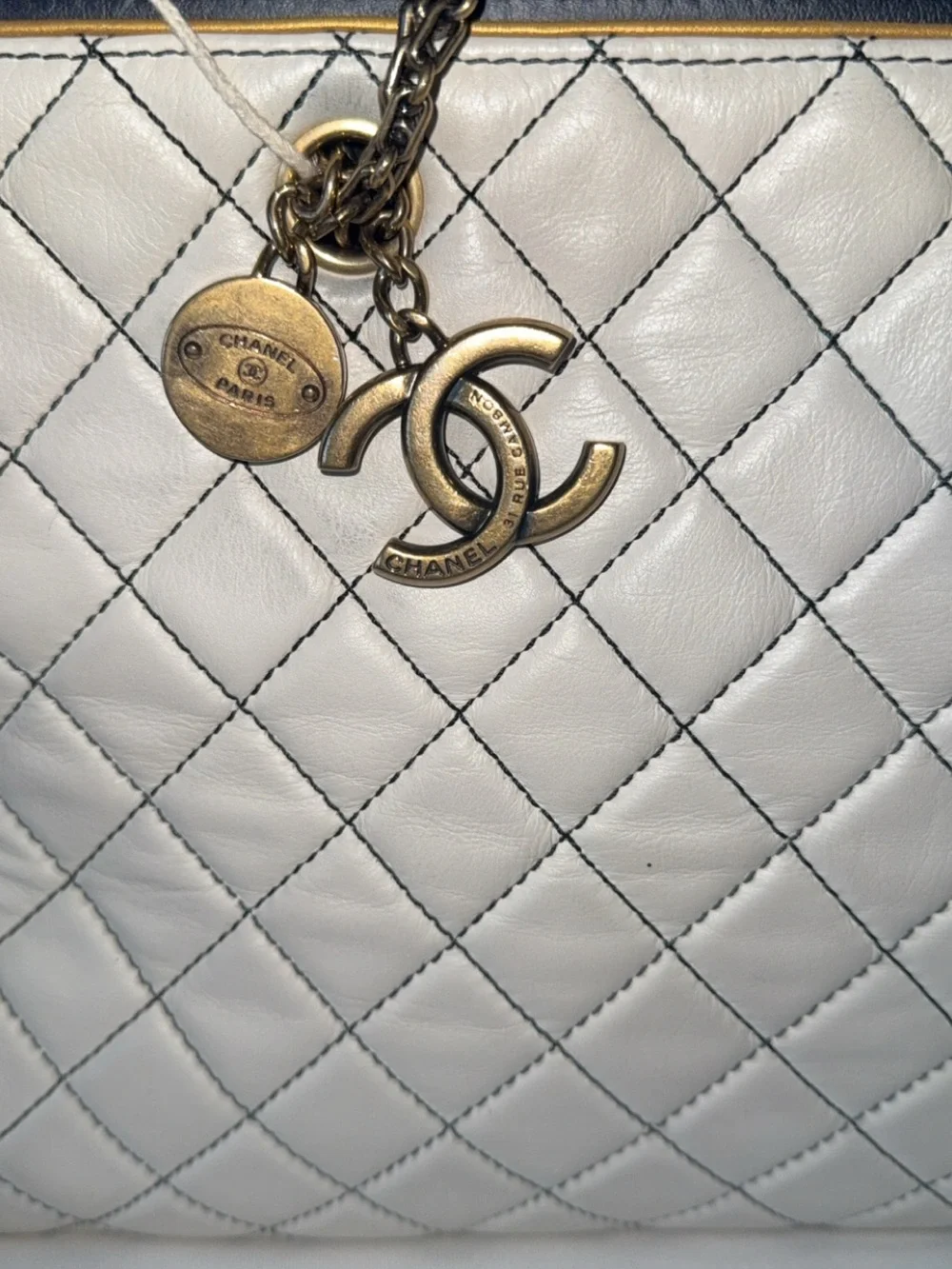 CHANEL Beige Quilted Leather Tote with Dark Trim and Aged Gold Hardware l COA